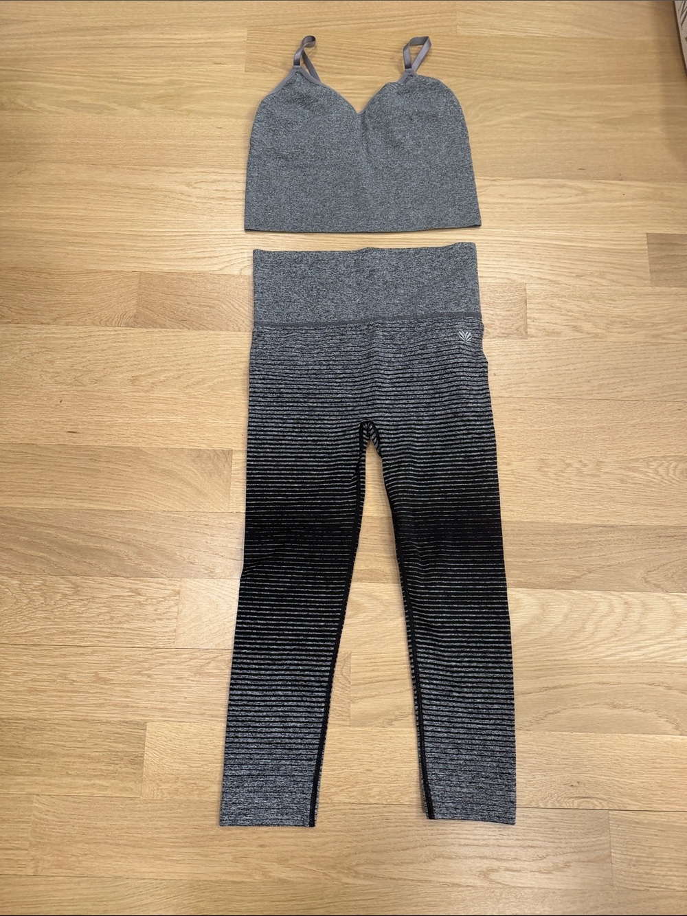 Black & Gray Striped High-Waist Leggings paired with a Skinnygirl Sports Top